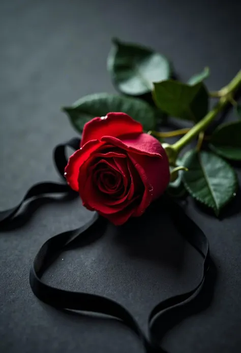 A dark gray background with subtle, smooth textures, resembling an elegant canvas, creating an air of sophistication. In the center of the image lies a single vibrant red rose, symbolizing both desire and fragility. The rose is partially wrapped in a delicate, black silk cord, the cord gently encircling the petals without tight knots, exuding an atmosphere of control and subtlety. The silk cord glistens under soft ambient light, highlighting its silky, luxurious texture. The rose is adorned with small drops of dew, adding a sense of vulnerability and emotion to its appearance. In the background, barely perceptible, there is a faint silhouette, blurred to maintain the intrigue, suggesting the presence of two figures. The entire composition is minimalist, with ample negative space to provide a modern, artistic aesthetic. Soft, focused lighting creates a cinematic effect, adding depth and realism to the image, capturing the balance between power, elegance, and sensuality.
