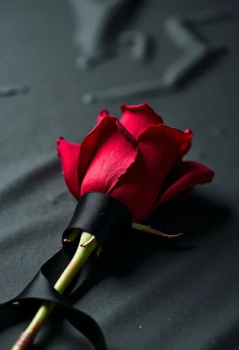 A dark gray background with subtle, smooth textures, resembling an elegant canvas, creating an air of sophistication. In the center of the image lies a single vibrant red rose, symbolizing both desire and fragility. The rose is partially wrapped in a delicate, black silk cord, the cord gently encircling the petals without tight knots, exuding an atmosphere of control and subtlety. The silk cord glistens under soft ambient light, highlighting its silky, luxurious texture. The rose is adorned with small drops of dew, adding a sense of vulnerability and emotion to its appearance. In the background, barely perceptible, there is a faint silhouette, blurred to maintain the intrigue, suggesting the presence of two figures. The entire composition is minimalist, with ample negative space to provide a modern, artistic aesthetic. Soft, focused lighting creates a cinematic effect, adding depth and realism to the image, capturing the balance between power, elegance, and sensuality.