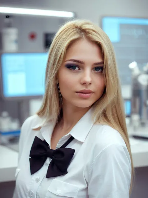 <lora:T4ti4naG_pdxl_v11:0.8>, T4ti4naG, 1girl, solo, blonde hair, long hair, makeup, lip gloss, eyeshadow, Bow Tie Blouse, laboratory, masterpiece, best quality, highly detailed, score_9, score_8_up, score_8, semi-realistic, photorealistic, <lora:add-detail-xl:0.9>, zPDXLrl, realistic eyes, hyper realistic eyes, pretty eyes,