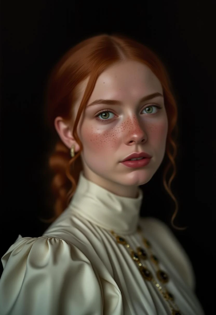 A captivating portrait emerges, featuring a young woman with an intense gaze, her green eyes locking with the viewer's. Her red hair, parted lips, and freckles are accentuated by a simple black background, creating a striking contrast. Dressed in a pristine high neck victorian ivory dress and adorned with elegant jewelry, she exudes a timeless beauty. This photorealistic image, with its attention to detail and natural lighting, showcases the woman's allure and the artist's skill, leaving viewers enthralled by her presence and the story it tells. <lora:flux/flux_realism_lora:1.0> <lora:flux/The beauty of realism (FLUX):1.0>, aesthetic_pose, dynamic_pose, <lora:peeps/Pretty__Emotional_Faces_FLUX-000001:1.0>, pretty, emotional, face,