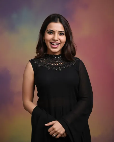 full body photo samantha ruth prabhu woman,paparazzi photo, laughing face,studio quality, wearing intricate high neck elegant Black sleeveless Mekhela Chador (Assamese traditional attire), straight hair, darker pastel shaded multicolored background<lora:TestBed\Samantha_Ruth_Prabhu_Flux_Kohya_V1-000001.safetensors:1.0:1.0>