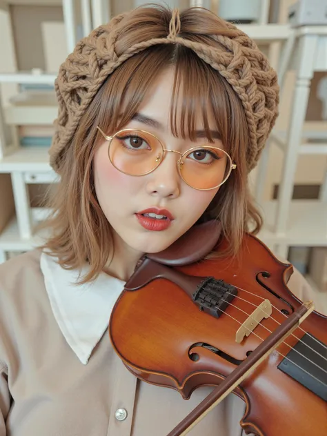 (light brown hair, beautiful girl, orange eye glasses,frackle,  Japanese Teenager, stylist, costume designer cloth and accessories, closed up face, high skin detailer , colored mascara and eyes liner, Violin:1.2), sing a song on stage behind the tower of the wall of white vintage furniture stacked decorate in background randomly directions
<lora:MisaR_epoch_14:0.8> misa