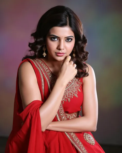 cowboy shot photo samantha ruth prabhu woman,paparazzi photo, serious face,studio quality, wearing intricate high neck elegant Red sleeveless Gota Patti Suit (Rajasthani embellished dress), curls, darker pastel shaded multicolored background<lora:TestBed\Samantha_Ruth_Prabhu_Flux_Kohya_V1-000001.safetensors:1.0:1.0>