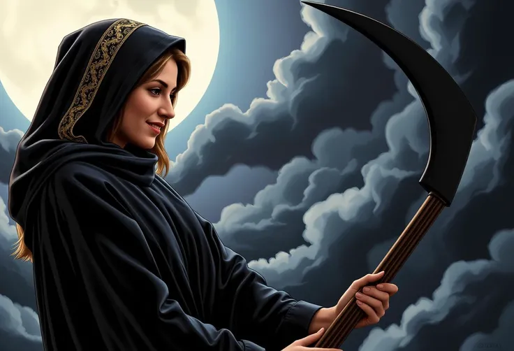 Patricia feminine woman 30s aged southern european, body size medium, golden hair hair, BREAK is portrayed in a vivid comic book style painting as a grim reaper style entity. The image should represent an ethereal peice where there are mists and clouds and darkness, but the reaper should be glowing in a soft white aura, with a gentle smile and a serene expression on their face giving a gentle smile to a soul that they have come to collect who is Mildred girl very old eastern asian, body size average, raven haired hair, BREAK