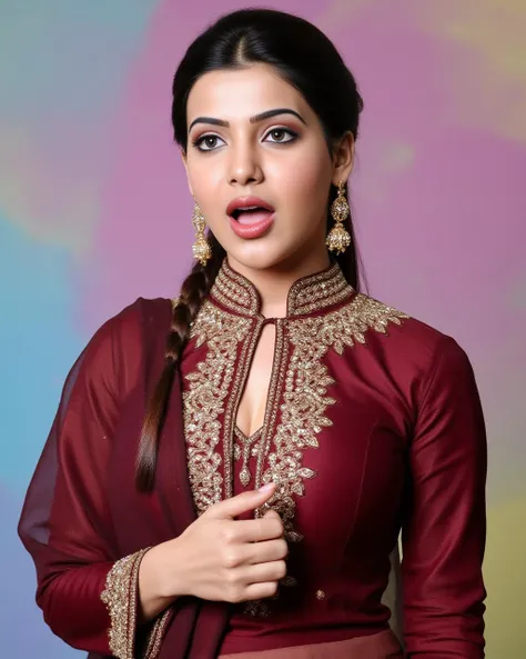 cowboy shot photo samantha ruth prabhu woman,paparazzi photo, shouting face,studio quality, wearing intricate high neck elegant Burgundy Patiala Suit, high ponytail, darker pastel shaded multicolored background<lora:TestBed\Samantha_Ruth_Prabhu_Flux_Kohya_V1-000001.safetensors:1.0:1.0>
