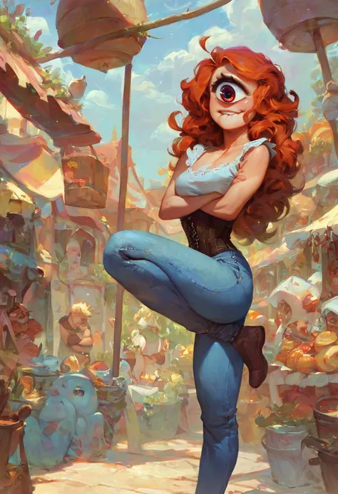 score_9, score_8_up, score_7_up, (cyclop), biting lip, wavy hair, corset, cutoff jeans, standing on one leg, crossed arms, in the market, detailed, beautiful
