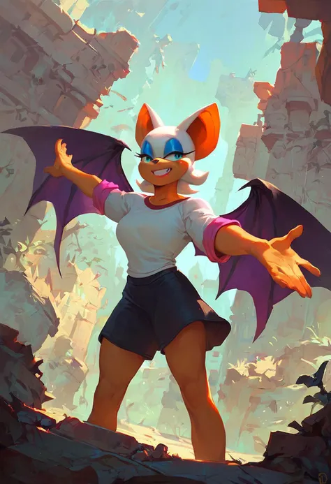 score_9, score_8_up, score_7_up, (rouge the bat), smiling, raglan sleeves, suspender skirt, standing, spread arms, in the ruins