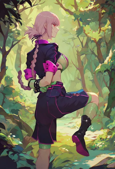 score_9, score_8_up, score_7_up, florence nightingale \(fate\), smiling, standing on one leg, arms behind back, in the forest, vector, absurd resolution