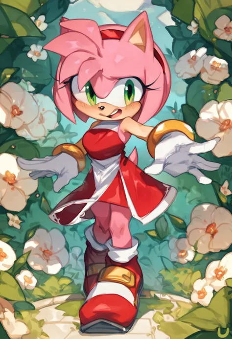 score_9, score_8_up, score_7_up, amy rose, sonic \(series\), blush, 1girl, solo, standing, arms at side, in the dojo, uaw