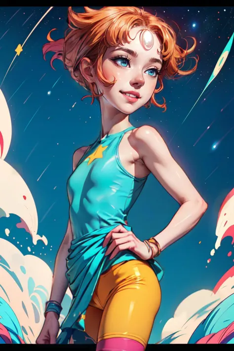 a vibrant cinematic photo of outer space, Pearl, short hair, forehead jewel, standing, close up, smiling , solo, hands on hip, upper body
, Blue leotard with tiny gold star on front, small blue skirt, teal ribbon around waist, yellow bike shorts, pink socks, bare shoulders ,sleeveless, nighttime, beach, stars,
, nebula, alien world, intricate, elegant, highly detailed, ((((cinematic look)))), soothing tones, low contrast, soft cinematic light, exposure blend, hdr, faded, <lora:more_details:0.6>,
(insanely detailed,beautiful detailed face, masterpiece, best quality)
<lora:Pearl-10v3:0.7>