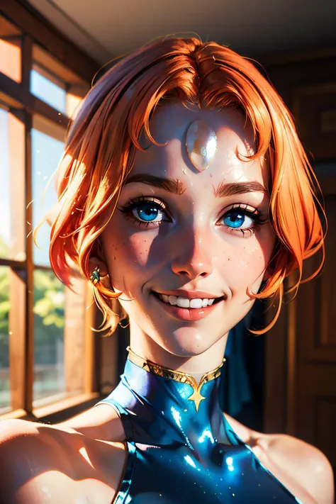 Pearl, orange hair,pointy nose, forehead jewel, blue leotard, tiny gold star,looking at viewer, smiling, portrait,
inside, homely bedroom, window extreme detail, masterpiece, beautiful quality, <lora:Pearl-10v6:.8>