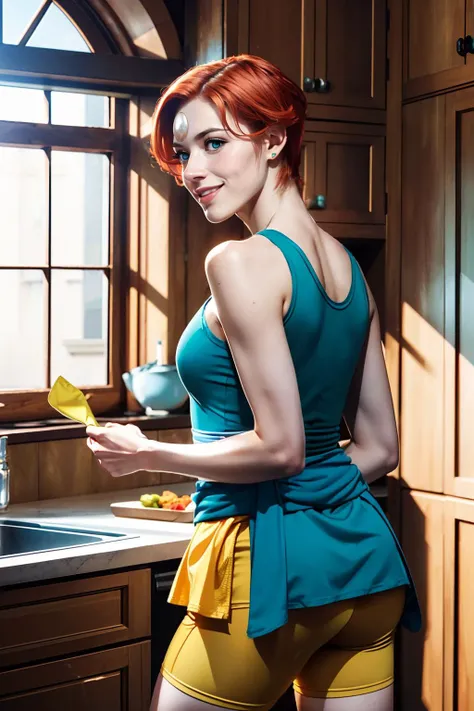 Pearl, short orange hair,cyan eyes, flat chest, forehead jewel, half-open eyes,blue shirt, teal ribbon around waist, yellow bike shorts, pink socks, bare shoulders ,sleeveless, seductive smile,
indoors, kitchen, cooking food, leaning, from_behind, extreme detail, hdr, realistic quality, <lora:Pearl:.8>
