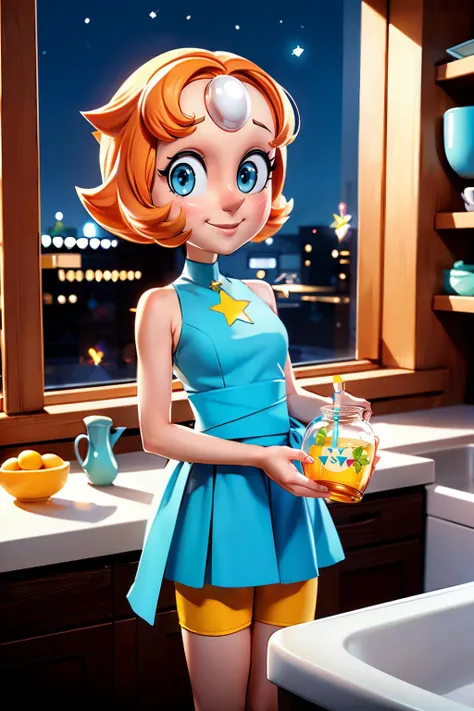Pearl, orange hair, pointy nose, forehead jewel, blue eyes,blue dress, bare shoulders, tiny gold star(shape) on front, blue sash,small skirt, leggings, looking at viewer, smiling, happy, standing, hands on hips, inside a cozy kitchen, table, window, night time, extreme detail, masterpiece, <lora:Pearl-10v10-2:.8>