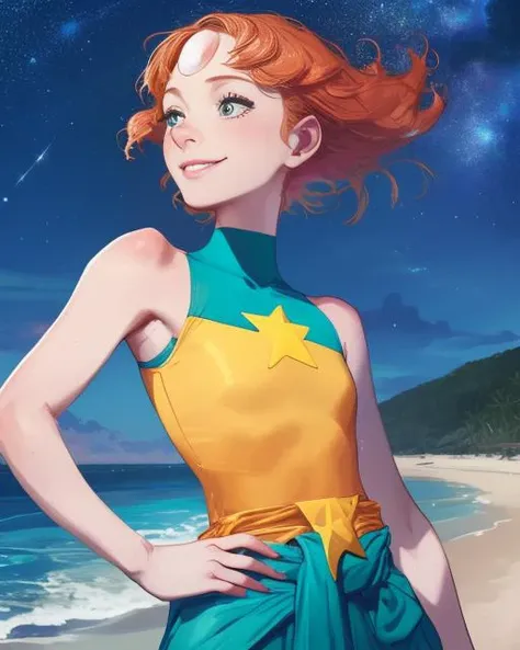 Pearl,short orange hair, forehead jewel,  half-open eyes, standing, close up, smiling , solo, hands on hip,  upper body
PeDres,Blue leotard with tiny gold star on front,  small blue skirt, teal ribbon around waist, yellow bike shorts, pink socks, bare shoulders ,sleeveless, 
nighttime, beach,  stars, 
(insanely detailed, beautiful detailed face, masterpiece, best quality) <lora:Pearl:0.8>