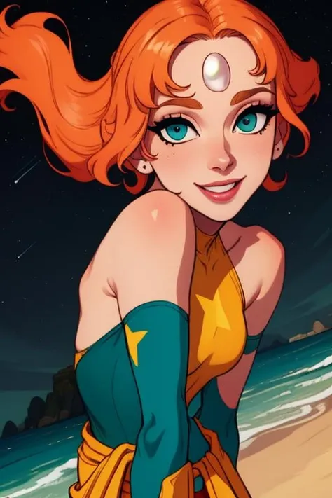 Pearl,short orange hair, forehead jewel, half-open eyes, close up, smiling , solo, upper body
PeDres,Blue leotard with tiny gold star on front, small blue skirt, teal ribbon around waist, yellow bike shorts, pink socks, bare shoulders ,sleeveless,
nighttime, beach, stars,
(insanely detailed,beautiful detailed face, masterpiece, best quality)
<lora:Pearl-10v3:0.8>