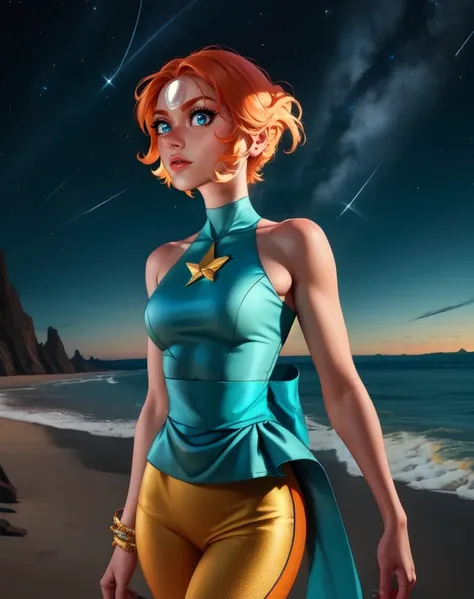 Pearl,short orange hair, forehead jewel, half-open eyes, close up, smiling , solo,  large breasts,   cowboy shot,  cameltoe,  blush, wet, covered nipples, 
PeDres,Blue leotard with tiny gold star on front, small blue skirt, teal ribbon around waist, yellow bike shorts, pink socks, bare shoulders ,sleeveless,
 nighttime, beach, stars,
 (insanely detailed,beautiful detailed face, masterpiece, best quality)
 <lora:Pearl-10v3:0.8>