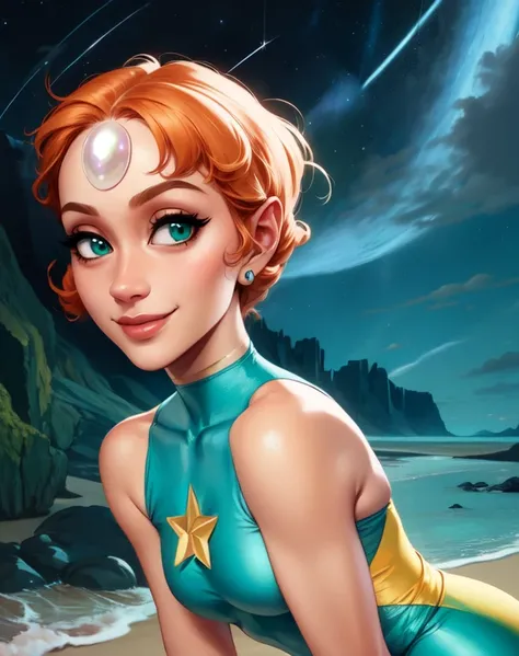 Pearl,short orange hair,forehead jewel,half-open eyes,pointy hair,pointy nose,
standing,smiling,solo,upper body,
Blue leotard with tiny gold star on front,teal sash,bare shoulders,sleeveless,
nighttime,beach,stars,
(insanely detailed,beautiful detailed face, masterpiece, best quality),<lora:Pearl-10v10-2:0.8>,