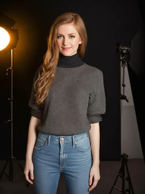 ((Wearing jeans and a turtle neck shirt)), ((Professional Photo Shoot)), ((in a photographer's studio)), model shoot style, extremely intricate, High Detail, Sharp focus, dramatic, soft cinematic light, (looking at viewer), (Real Eyes), (Detailed Eye Corneas) (detailed pupils), (smiling), 24mm, photo lab, elegant, insane details, hyperdetailed, low contrast, epiCRealism, (((SFW)))    <lora:Isla_Fisher:0.85>