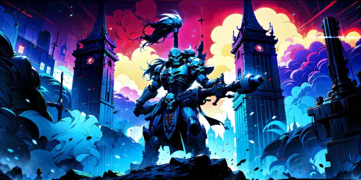Generate a stunning art style, a true [masterpiece] [best quality] of art. The image showcases [detailed linework], [dynamic shading], and [dramatic lighting], bringing to life a [dreading atmosphere, grim dark coloures, action shot, cinematic composition] . In the background a [gothic landscape,  warhammer 40k] is to be seen in [grand:1.8, high-scale:1.8, panorama:1.8] from [from below]. A maugan ra, solo:1.3 is [full body view, standing] in front of the edge of a tower. It is holding a [huge rifle in its righthand]. It is wearing a [full armor, skull pauldron, full metal armor, wearing intricate ornamented metal armor, full face helmet, skull mask, full metal armor, silver armor, white pelvic curtain, bronze trimmings].
<lora:DEATH REAPERS MK4 by CARAXES:0.7>