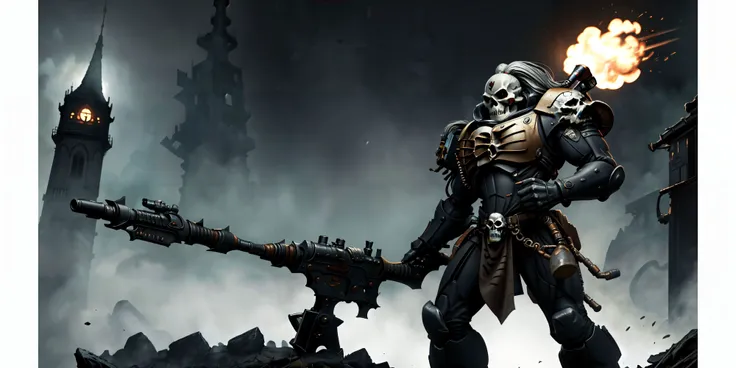 Generate a stunning art style, a true [masterpiece] [best quality] of art. The image showcases [detailed linework], [dynamic shading], and [dramatic lighting], bringing to life a [dreading atmosphere, grim dark coloures, action shot, cinematic composition] . In the background a [gothic landscape,  warhammer 40k] is to be seen in [grand:1.8, high-scale:1.8, panorama:1.8] from [from below]. A maugan ra, solo:1.3 is [full body view, standing] in front of the edge of a tower. It is holding a [huge rifle in its righthand]. It is wearing a [full armor, skull pauldron, full metal armor, wearing intricate ornamented metal armor, full face helmet, skull mask, full metal armor, silver armor, white pelvic curtain, bronze trimmings].
<lora:DEATH REAPERS MK4 by CARAXES:0.7>