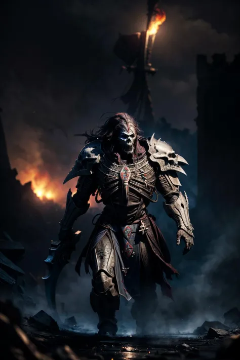 (8k), (cinematic lighting), (sharp focus), (intricate), (masterpiece), (best quality), (detailed, mature adult, illustration),
volumetric lighting, (windy dust debris storm:1.1), fog depth, mist, light from explosion, fire, flame, heavy rain, night,
solo, 1man, god-like physique, skull armor, skeleton armor, holding huge scythe,
full armor, battle-worn armor, ((maugan ra:1.3)) death reaper,
fantasy setting, great stone castle, ruined buildings,
<lora:artstyle - LowRA:0.6> <lora:tool - Elixir:0.5> <lyco:cosmetic - UnlimitedBladeWorks1.6:0.0.4> <lora:tool - add_detail:0.5> <lora:tool - more_details:0.5> <lora:DEATH REAPERS MK4 by CARAXES:0.7>