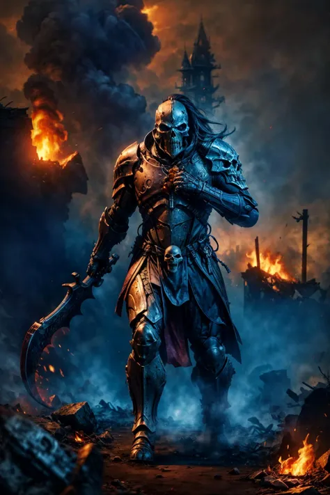 (8k), (cinematic lighting), (sharp focus), (intricate), (masterpiece), (best quality), (detailed, mature adult, illustration),
volumetric lighting, (windy dust debris storm:1.1), fog depth, mist, light from explosion, fire, flame, heavy rain, night,
solo, 1man, god-like physique, skull armor, skeleton armor, holding gun like scythe,
full armor, battle-worn armor, maugan ra, death reaper,
fantasy setting, great stone castle, ruined buildings,
<lora:artstyle - LowRA:0.6> <lora:tool - Elixir:0.5> <lyco:cosmetic - UnlimitedBladeWorks1.6:0.0.4> <lora:tool - add_detail:0.5> <lora:tool - more_details:0.5> <lora:DEATH REAPERS MK1 by CCARAXESS-000023:0.7>