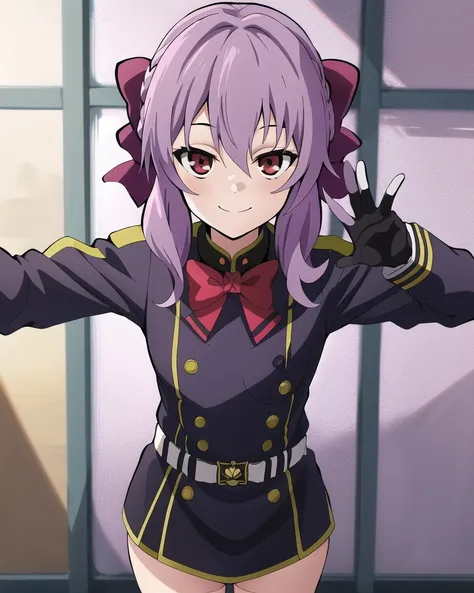 Shinoa,1girl, solo, purple_hair,long hair,(low twintails),hair_between_eyes, bow,red bow, looking_at_viewer,sidelocks,Military uniform,standing,teasing smile,gloves,waving,