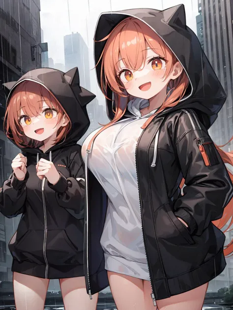 (masterpiece, best quality, highres:1.2), 2girls, large breasts, slim, overcast, rain, city, super detailed, (natural wavy:0.8), copper hair, side-swept bangs, peach eyes, cupping hands, hooded jacket, hood up, happy tear, smile, open mouth, very wide shot