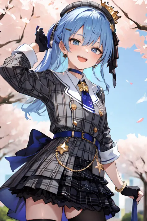 BREAK <lora:HoshimachiSuiseiV2:1.0>, SuiseiBase, plaid beret, crown, blue star choker, star earrings,
BREAK blue ascot, plaid jacket, plaid skirt, layered skirt, partially fingerless gloves, star bracelet, uneven legwear, thigh strap,
BREAK outdoors, park, cherry blossoms, shop, day,
BREAK (head tilt:1.3),looking at viewer,
BREAK ( masterpiece, best quality, highres ),
BREAK standing,  (upper body:1.3), profile,
hand in own hair,
BREAK smile, open mouth,