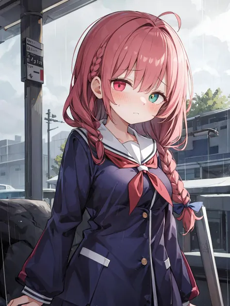 (masterpiece, best quality, highres:1.2), 1girl, medium breasts, teenage, overcast, rain, bus stop, sidelighting, waterfall braid, maroon hair, asymmetrical fringe, heterochromia, akanbe, one closed eye, (school uniform:1.2), school uniform under jacket, (opened navy blue jacket:1.15), embarrassed, sweat, tear, closed mouth, full-face blush, head out of frame