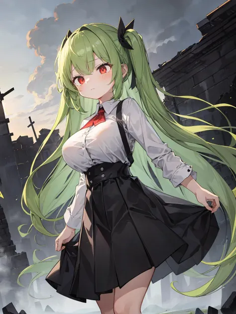 (masterpiece, best quality, highres:1.2), 1girl, large breasts, fog, war, ruins, grey lighting, dust cloud, illustration, absurdly long hair, green hair, fringed bangs, red eyes, high kick, long skirt, dress shirt, teardrop, closed mouth, hand focus