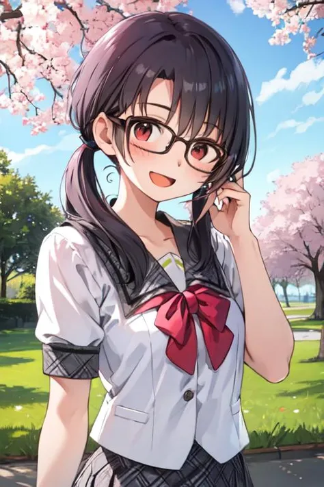 BREAK <lora:brj-sayoko-v1.1:1>,1girl, takayama sayoko, (low twintails:1.1), (black hair:1.1), (brown eyes:1.1), (small breasts:1.2), (glasses:1.1), 
BREAK serafuku, (plaid skirt:1.1), (pink bow:1.1), 
BREAK outdoors, park, cherry blossoms, shop, day,
BREAK (head tilt:1.3),looking at viewer,
BREAK ( masterpiece, best quality, highres ),
BREAK standing,  (upper body:1.3), profile,
hand in own hair,
BREAK smile, open mouth,
from below,