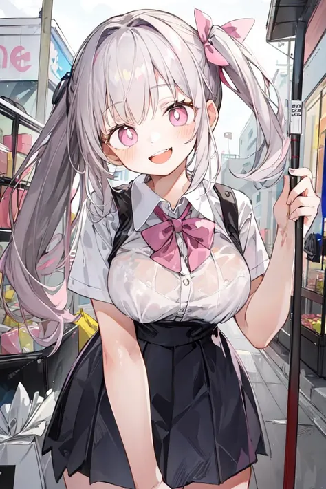 (masterpiece, best quality:1.3), 1girl, medium breasts, teenage, curvy, outdoors, shop, grey hair, side ponytail, pink eyes, school uniform, covering breasts, teeth, smile, cute face