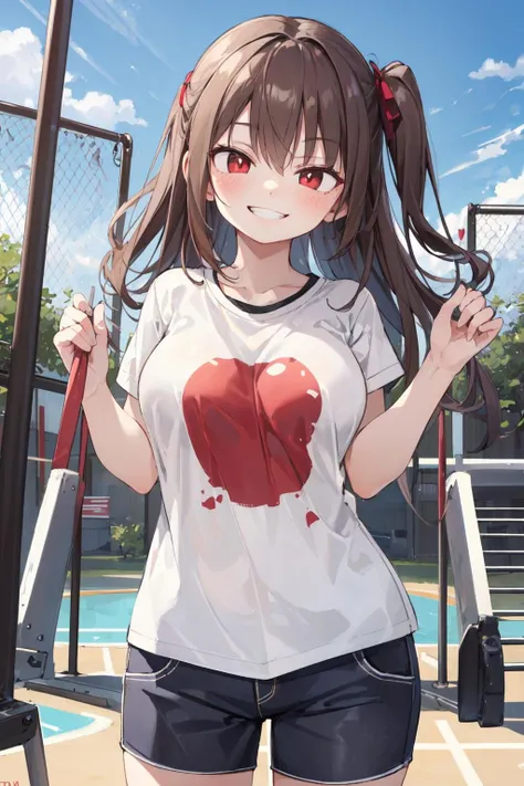 (masterpiece, best quality:1.3), 1girl, medium breasts, teenage, curvy, outdoors, playground, brown hair, one side up, red eyes, t-shirt, playing games, smirk, teeth, smile, charmed face