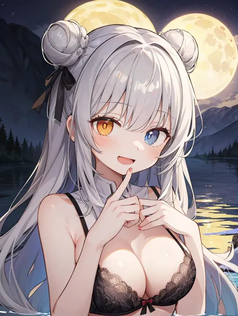 (masterpiece, best quality, highres:1.2), 1girl, medium breasts, slim, moon, lake, beautiful lighting, long hair double bun, grey hair, short fringe, heterochromia, finger to mouth, shushing, lace bra, evil smile, open mouth wide, wide shot