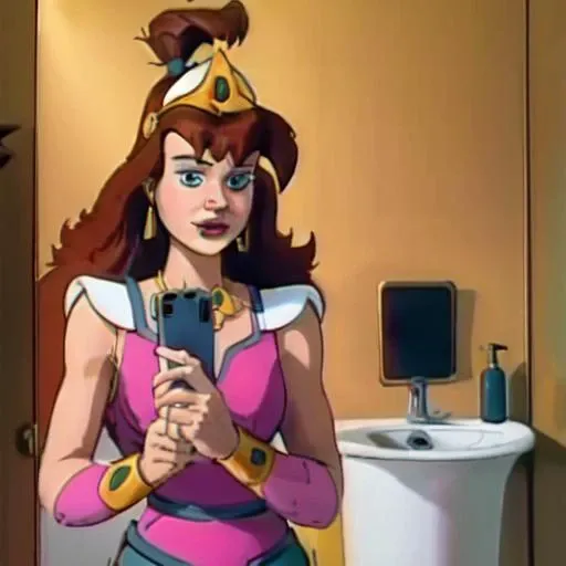 Princess Lana taking a selfie in the bathroom with her cellphone  <lora:CaptainNPrincessLana:1>