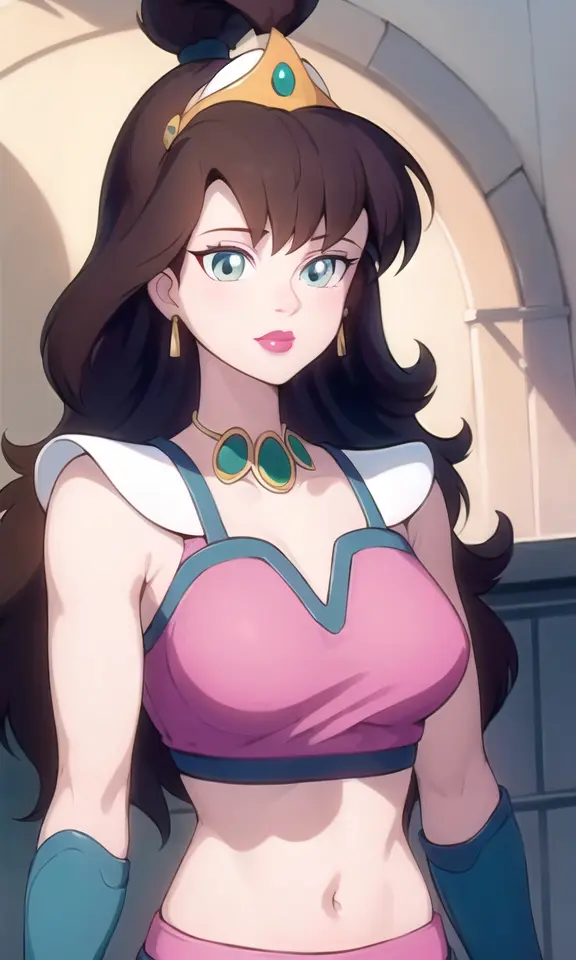 high quality, princess lana, green eyes, crown, bangs, jewelry, pink dress, armor, midriff, crop top, bracer, 1girl, solo, lips, lipstick, brown hair, topknot, upper body