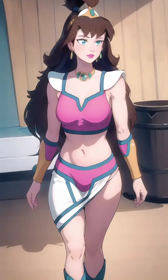 high quality, princess lana, green eyes, crown, bangs, jewelry, pink dress, armor, midriff, crop top, bracer, 1girl, solo, lips, lipstick, brown hair, topknot, skirt, boots