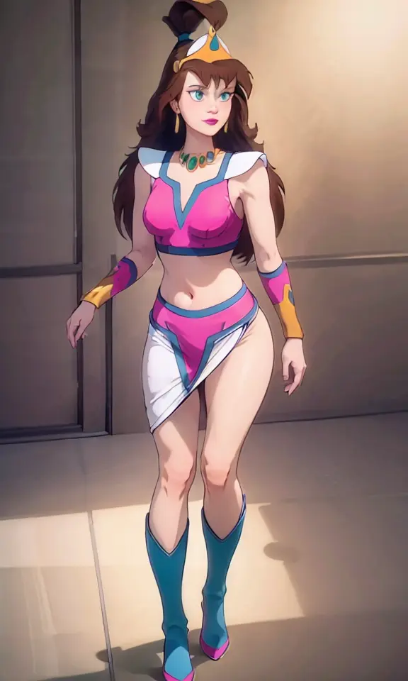 high quality, princess lana, green eyes, crown, bangs, jewelry, pink dress, armor, midriff, crop top, bracer, 1girl, solo, lips, lipstick, brown hair, topknot, skirt, boots