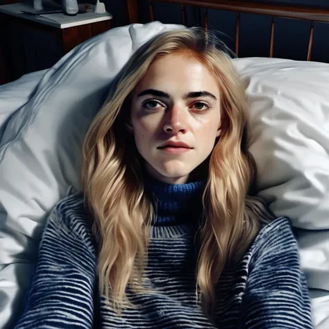 Emma Watson, 18 Jahre alt, kniend auf einem Bett, die Arme zwischen den Beinen, ein enges Kleid mit Rollkragenpullover tragen, natural lightting, Seitliche Beleuchtung, Materpiece