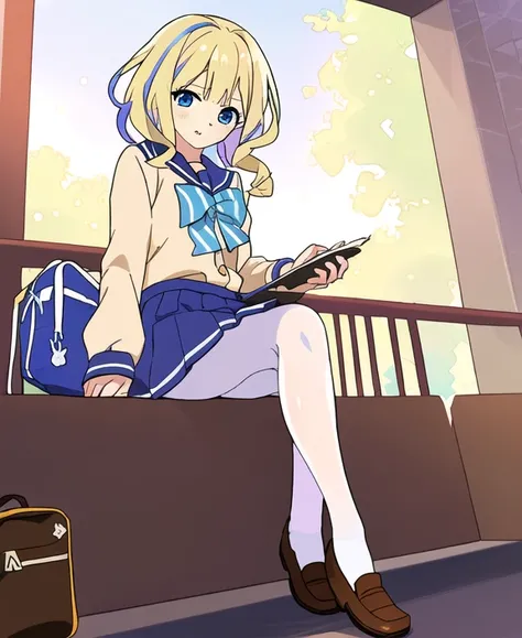 (masterpiece, best quality, 1girl, Tsubasa Takanashi, sitting, white pantyhose, :1.3), solo, school uniform, blonde hair, blue eyes, bag, skirt, multicolored hair, pleated skirt