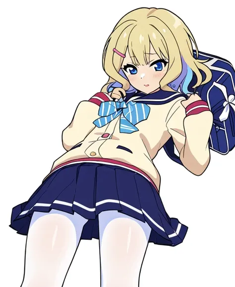 (masterpiece, best quality, 1girl, Tsubasa Takanashi, lying, white pantyhose, :1.3), solo, school uniform, blonde hair, blue eyes, bag, skirt, hair ornament, hairclip, bow, multicolored hair, white background, pantyhose, school bag, pleated skirt