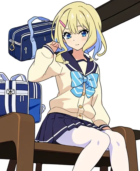 (masterpiece, best quality, 1girl, Tsubasa Takanashi, sitting, white pantyhose, :1.3), solo, school uniform, blonde hair, blue eyes, bag, skirt, hair ornament, hairclip, bow, multicolored hair, white background, pantyhose, school bag, pleated skirt
