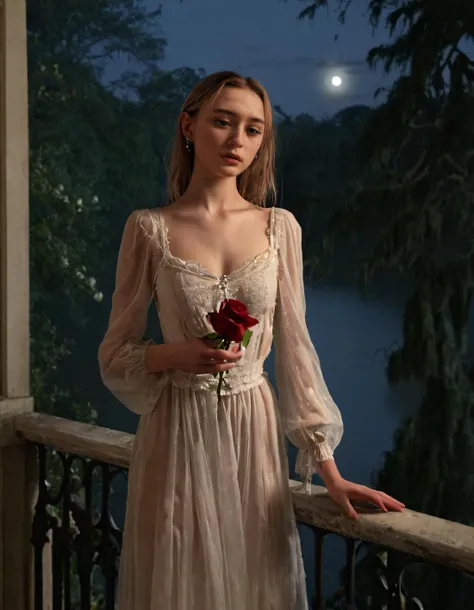 In the dimly lit recesses of a Victorian mansion, Chloe - a realistic, ethereal young girl with a striking resemblance to an old Hollywood film star - stands on a balcony overlooking a tranquil, moonlit lake, surrounded by towering ancient trees. She delicately cradles a single dying rose in her hands, the petals falling like tears into the water below as the soft silver light of the moon shines upon her and the gentle breeze rustles the curtains behind her, hinting at secrets untold within the mansion's walls. <lora:prtxwt18fb9fa20cfn5d5:1>