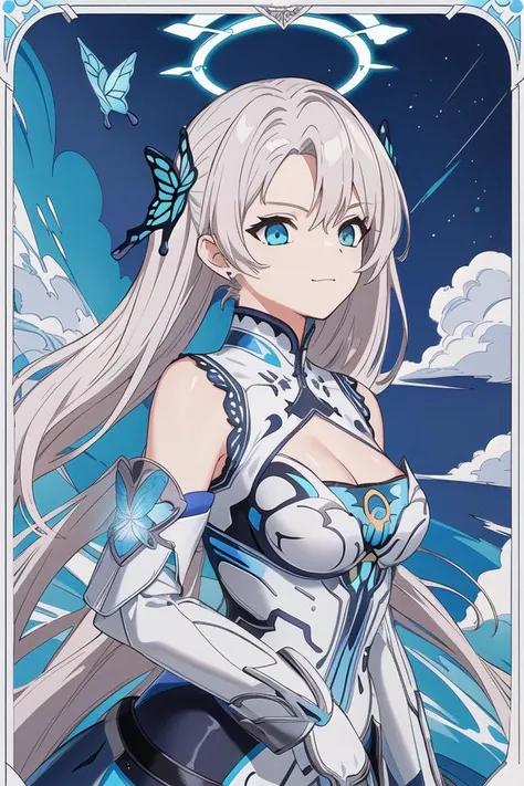 (Highest picture quality),(Master's work), (ultra-detailed),(Detailed eye description:1.2),(floating colorful wind:1.4),(upper body:1.5),(manny colorful butterfly:1.3),(clouds sea),(cleavage),(movie poster:1.5),(Tarot border:1.4),a girl dress,(white armor:1.3),(blue ribbon:1.2),(water magic:1.2),(medium breasts),(thigh bands),(white hair:1.3),(high twintails),the portrait is centered,(from below:1.1),(close-up:1.2),(looking to the side:1.3),(chaotic geometric images:1.3),(nagative space:0.8),(drawing board:1.3), (halo:1.3),(squinting:1.3) (ether colorful ink flowing:1.3), <lora:asoulEileen_v10:0.4>, ice