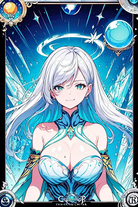 (Highest picture quality),(Master's work), (ultra-detailed),(Detailed eye description:1.2),(floating colorful wind:1.4),(upper body:1.5),(manny colorful butterfly:1.3),(clouds sea),(cleavage),(movie poster:1.5),(Tarot border:1.4),a girl dress,(white armor:1.3),(blue ribbon:1.2),(water magic:1.2),(medium breasts),(thigh bands),(white hair:1.3),(high twintails),the portrait is centered,(from below:1.1),(close-up:1.2),(looking to the side:1.3),(chaotic geometric images:1.3),(nagative space:0.8),(drawing board:1.3),(huge crystal ball:1.5), (halo:1.3),(squinting:1.3) (ether colorful ink flowing:1.3)