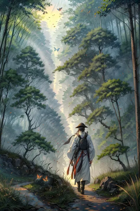 fantasy farmer holding a notebook and chewing a stalk of grass walking along a dirt path in a forest setting, oxen plowing the fields, berry bushes, butterflies flapping their wings, chinese druid, alchemy, doing research, ancient china, chinese countryside, agriculture and a row of thick forest trees, field of wheat, farming, scientist, one male, magic, masterpiece,  <lora:add_detail:0.6> <lora:LAS:0.6> <lora:hairdetailer:0.6>  <lora:æ­¦ä¾ V1:0.6> <lora:ç¼çå:0.3>  <lora:[LoRA] Jellyfish forest  æ°´ææ£® ããããã Concept (With dropout & noise version):0.3> <lora:DW-000008:0.2>
