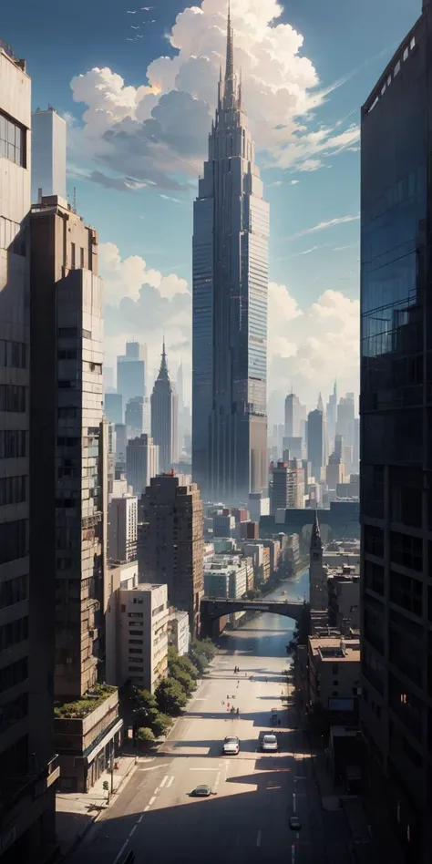 scenery, sky, cloud, outdoors, science fiction, signature, city, day, fantasy, building, standing, cityscape