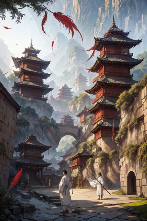 Three Kingdoms, majestic atmosphere, magnificent battlefield, confrontation between three armies, three colors of red, yellow and blue, local color monochrome as the theme