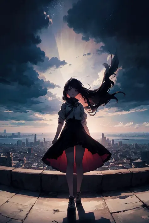 (best quality, ultra detailed), mysterious, fantastic, 1girl, from front, long hair, magnificent panorama view, overlooking, upwind, <lora:wind-upwind-v2-wasabiya:1.0>,